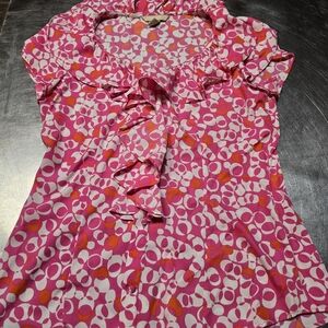 Banana Republic Pink and Orange Patterned Top with ruffles. Sleeveless. Size med